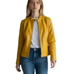 JESSICA LONDON Leather Jacket Colorful Mustard Yellow Full front Zip Size 16